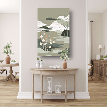 Minimalistisch schilderij met bloesems en bergen poster
