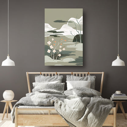 Minimalistisch schilderij met bloesems en bergen poster
