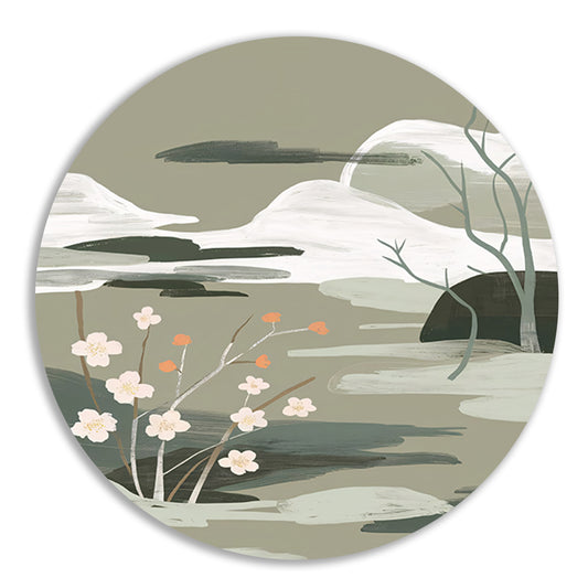 Minimalistisch schilderij met bloesems en bergen aluminium muurcirkel