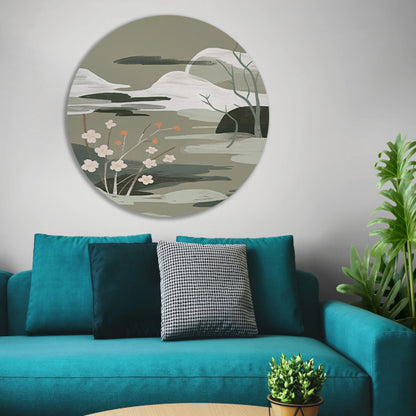 Minimalistisch schilderij met bloesems en bergen forex muurcirkel
