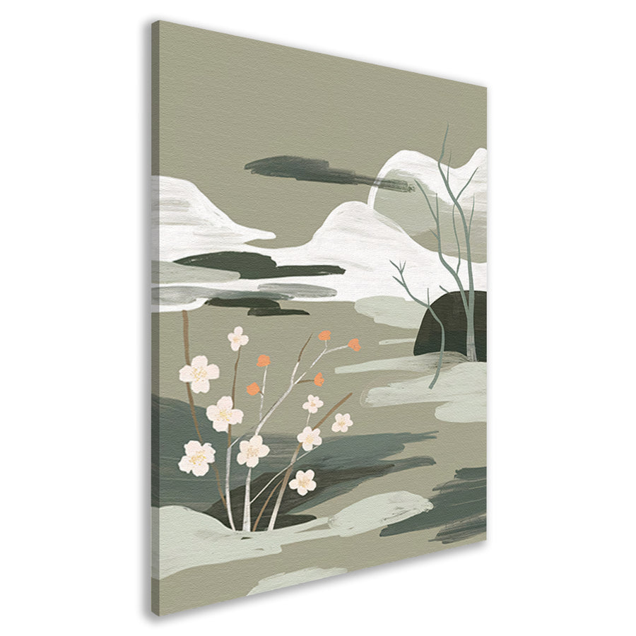 Minimalistisch schilderij met bloesems en bergen canvas