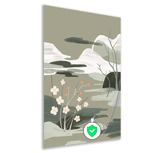 Minimalistisch schilderij met bloesems en bergen poster