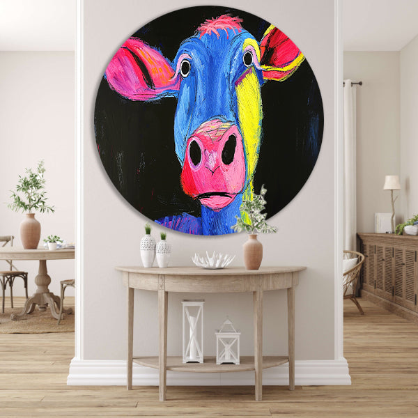 Kleurrijk abstract portret van een koe aluminium muurcirkel