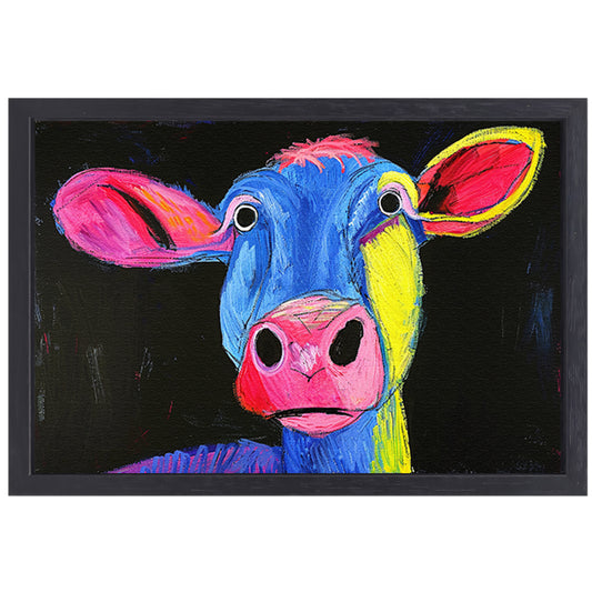Kleurrijk abstract portret van een koe canvas met baklijst