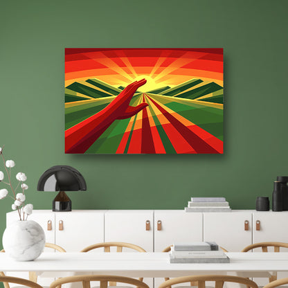 Hand reikt naar stralende zonsondergang poster