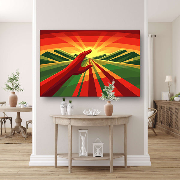 Hand reikt naar stralende zonsondergang poster