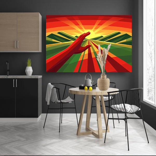 Hand reikt naar stralende zonsondergang poster