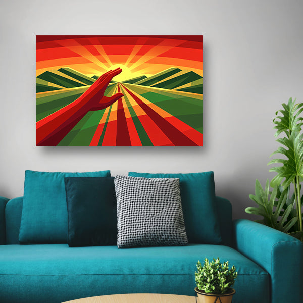 Hand reikt naar stralende zonsondergang poster