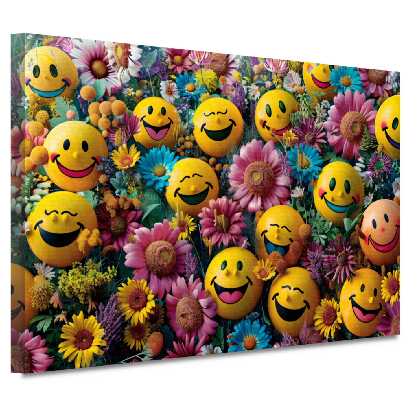 Smileygezichten Bloemenveld canvas