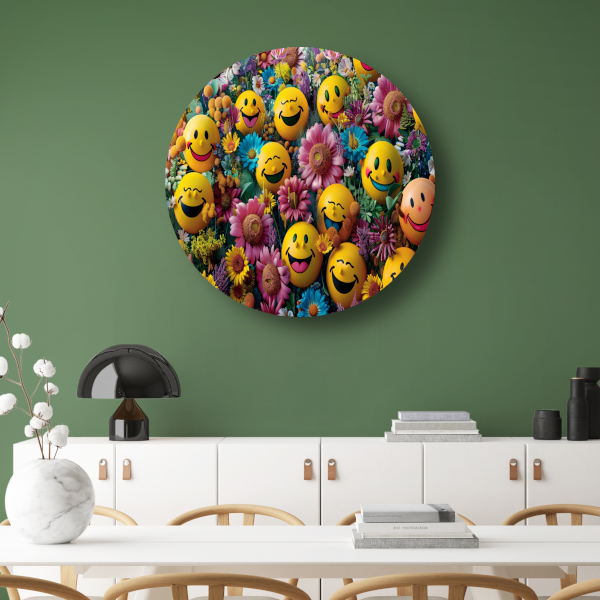 Smileygezichten Bloemenveld aluminium muurcirkel