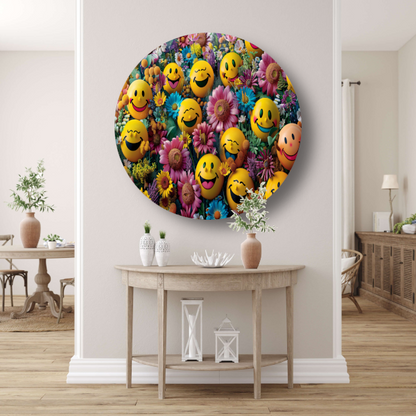 Smileygezichten Bloemenveld aluminium muurcirkel