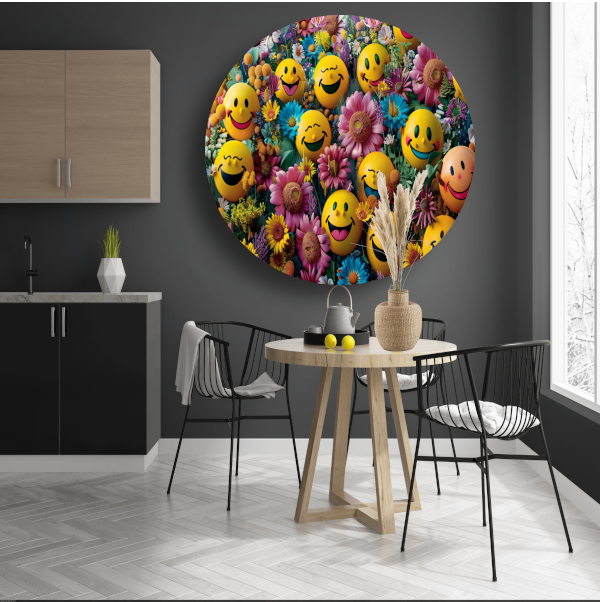 Smileygezichten Bloemenveld aluminium muurcirkel