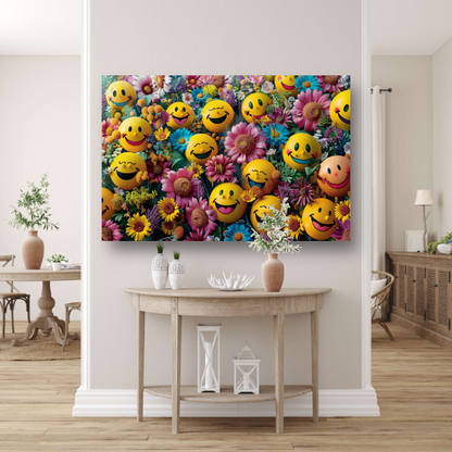 Smileygezichten Bloemenveld canvas