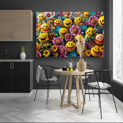 Smileygezichten Bloemenveld canvas