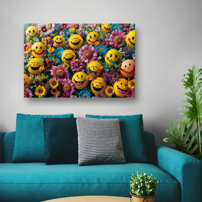 Smileygezichten Bloemenveld canvas met baklijst