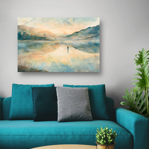 Vissende man in mistig berglandschap   poster