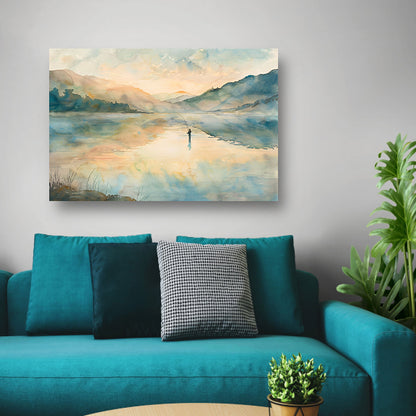 Vissende man in mistig berglandschap   poster