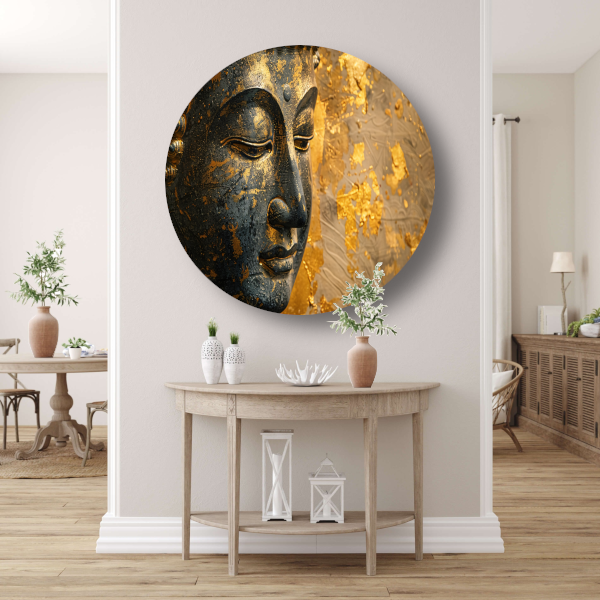 Boeddha Portret met Vergulde Versieringen aluminium muurcirkel