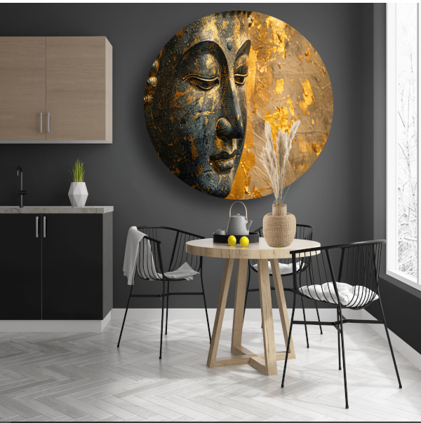 Boeddha Portret met Vergulde Versieringen aluminium muurcirkel