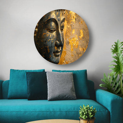 Boeddha Portret met Vergulde Versieringen aluminium muurcirkel