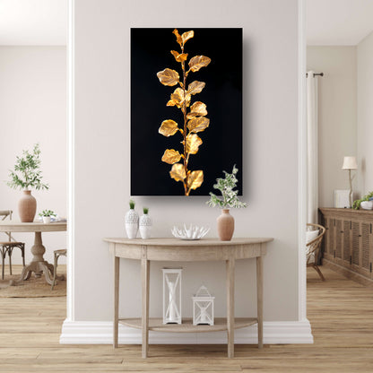 Glinsterende gouden tak met bladeren op zwarte achtergrond canvas met baklijst
