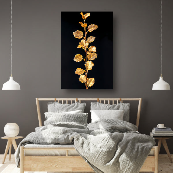 Glinsterende gouden tak met bladeren op zwarte achtergrond canvas met baklijst