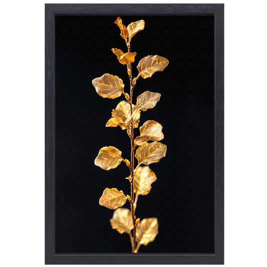 Glinsterende gouden tak met bladeren op zwarte achtergrond canvas met baklijst