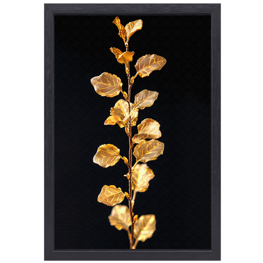 Glinsterende gouden tak met bladeren op zwarte achtergrond canvas met baklijst