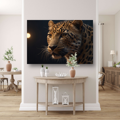 Gouden schemerlicht over luipaardportret canvas met baklijst