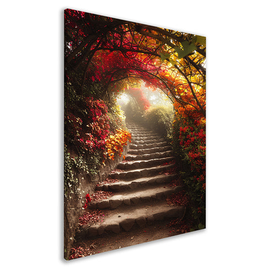 Stenen trap in herfstbos met kleurrijk gebladerte canvas
