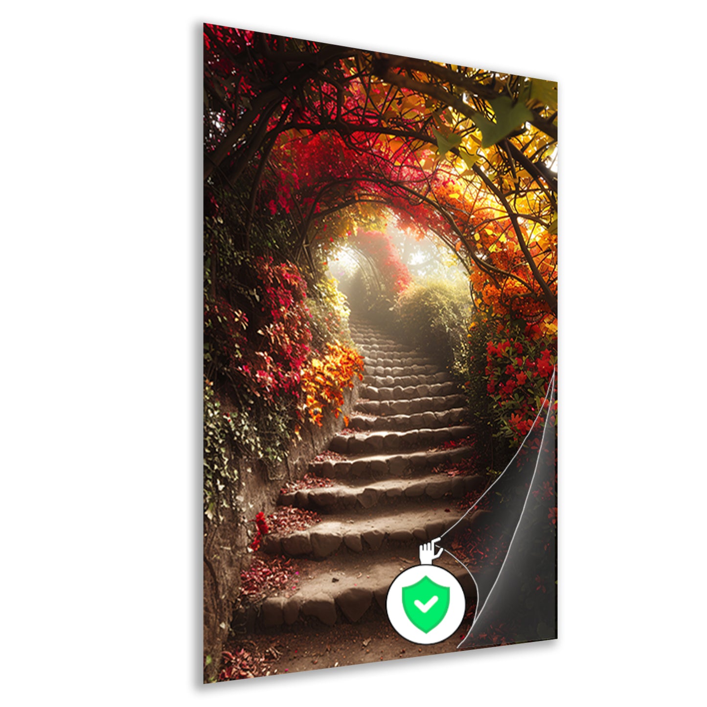 Stenen trap in herfstbos met kleurrijk gebladerte poster