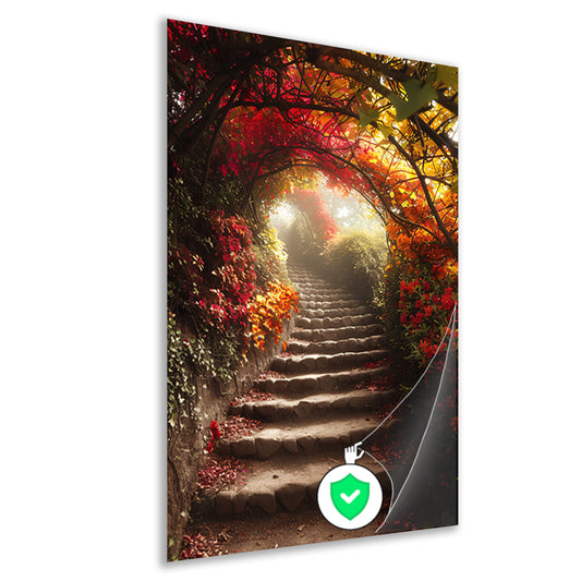 Stenen trap in herfstbos met kleurrijk gebladerte poster