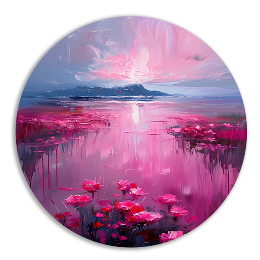 Roze zonsondergang en bloemen aan de waterkant forex muurcirkel