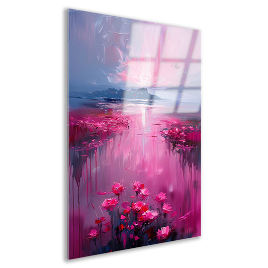 Roze zonsondergang en bloemen aan de waterkant acrylglas