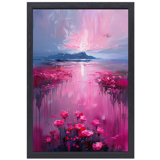 Roze zonsondergang en bloemen aan de waterkant canvas met baklijst