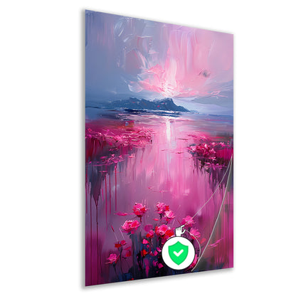 Roze zonsondergang en bloemen aan de waterkant poster