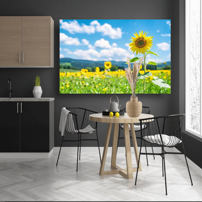 Zonnige dag met bloeiende zonnebloemen poster