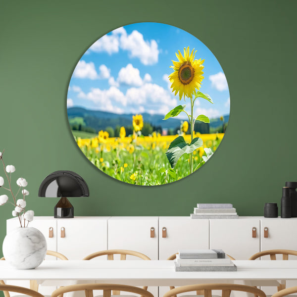 Zonnige dag met bloeiende zonnebloemen aluminium muurcirkel