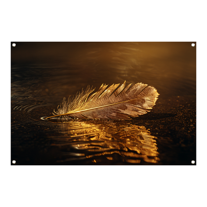 Gouden veer drijvend op mysterieus donker water tuinposter