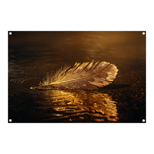 Gouden veer drijvend op mysterieus donker water tuinposter
