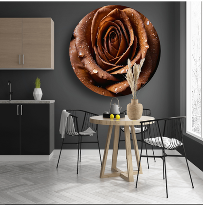 Sepia Roos met Waterdruppels Close-up aluminium muurcirkel