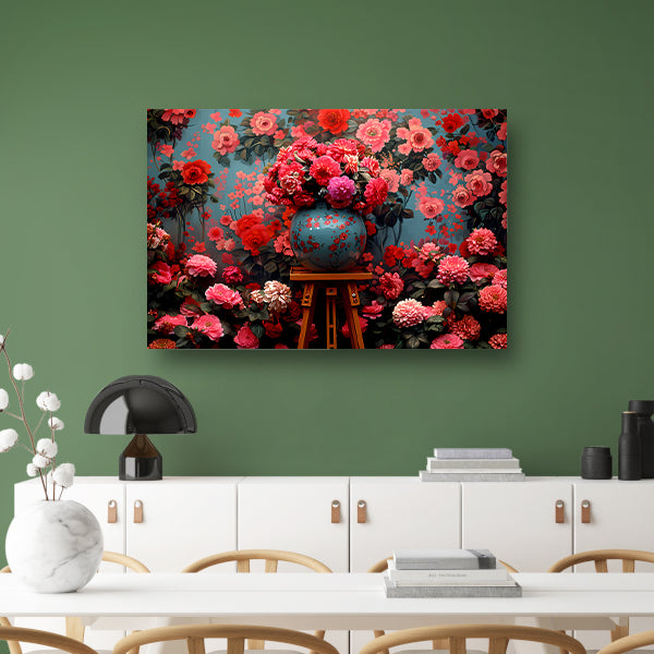 Blauwe vaas met roze bloemen canvas
