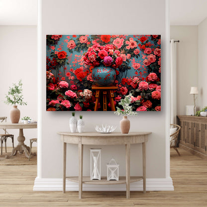 Blauwe vaas met roze bloemen poster