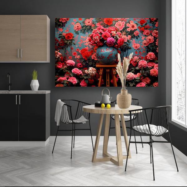 Blauwe vaas met roze bloemen canvas
