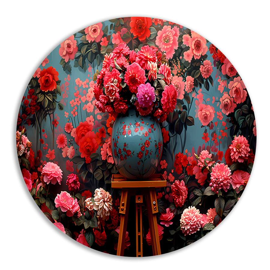 Blauwe vaas met roze bloemen aluminium muurcirkel