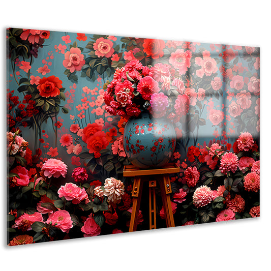 Blauwe vaas met roze bloemen acrylglas