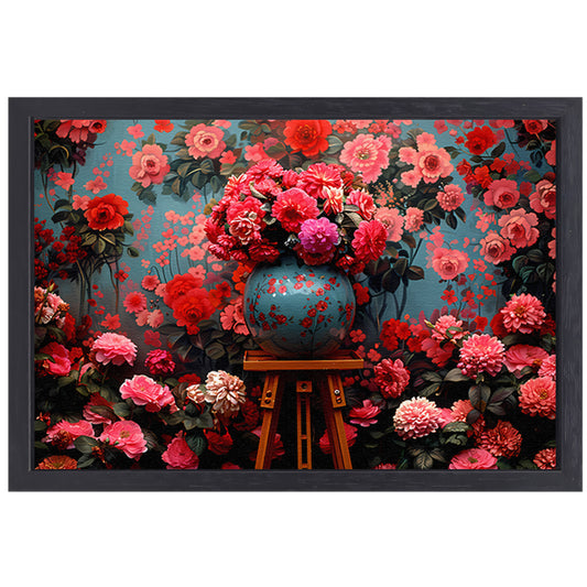 Blauwe vaas met roze bloemen canvas met baklijst