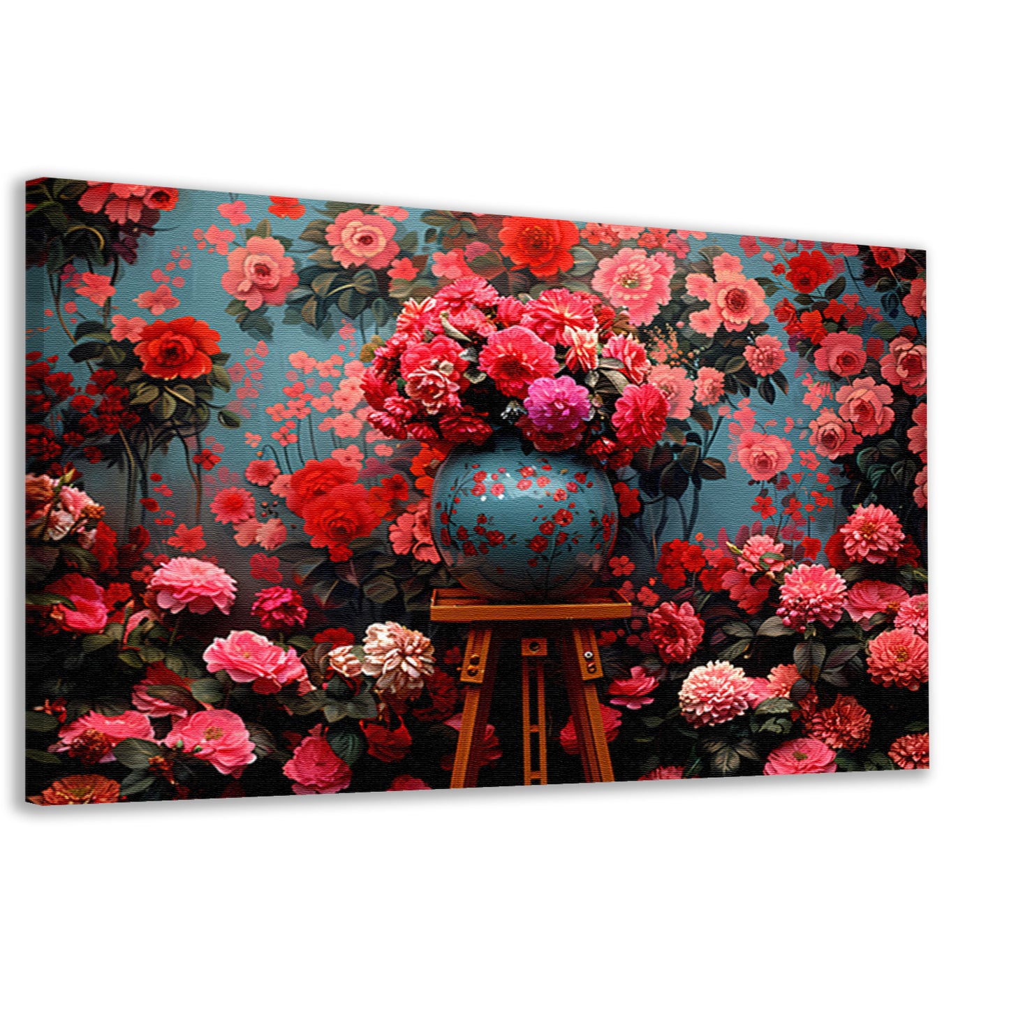 Blauwe vaas met roze bloemen canvas