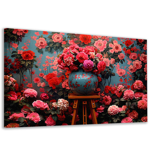 Blauwe vaas met roze bloemen canvas