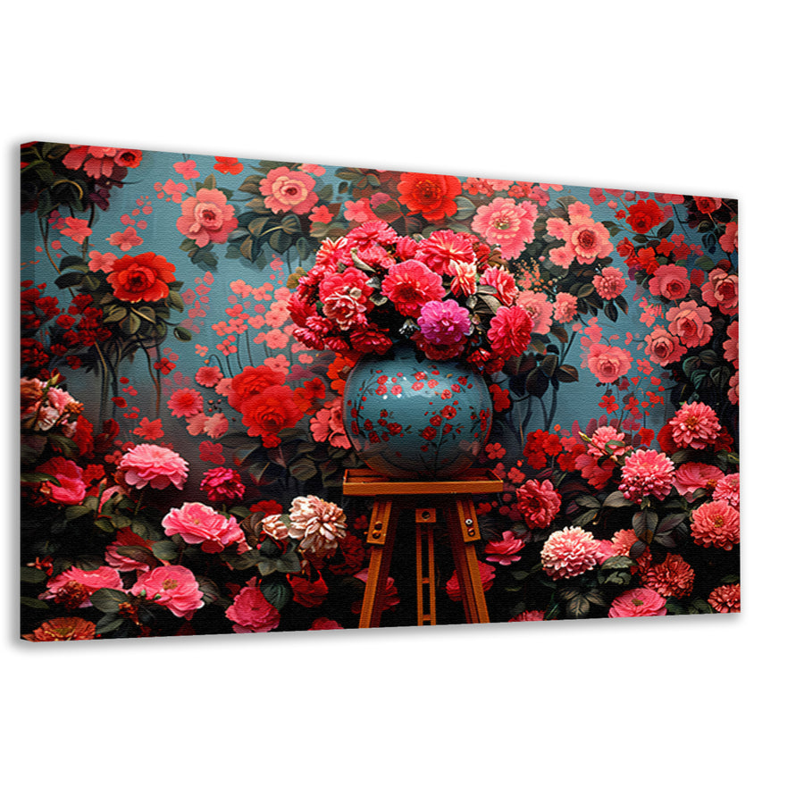 Blauwe vaas met roze bloemen canvas